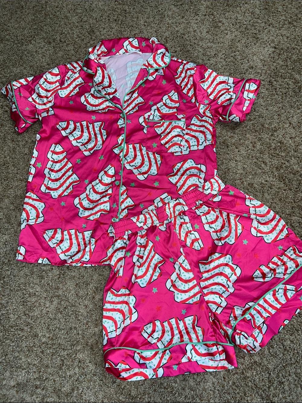 Women’s Pink Satin Short Pajama Set with Christmas Tree Snack  Print